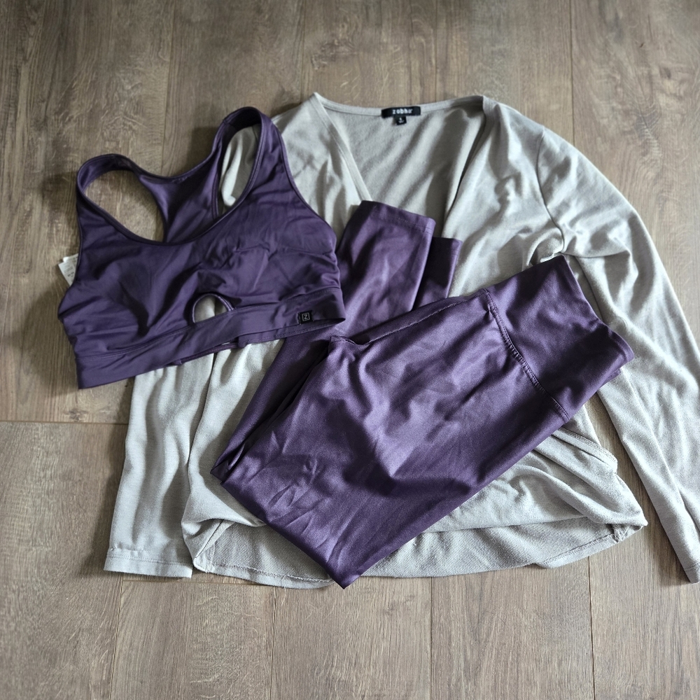 Zobha Grey Long Sleeve Top L Pants Xl Bra Xl 3 Piece Yoga Set Grey And Purple